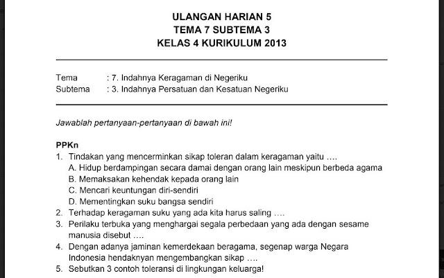 Download soal penilaian harian atau ulangan harian Kurikulum  Soal Ulangan Harian K13 Kelas 4 Tema 7 Subtema 3