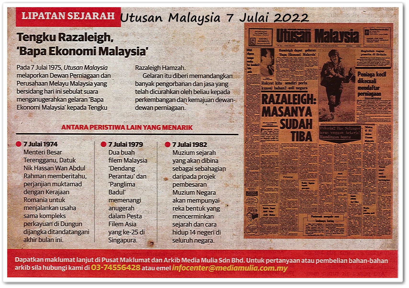 Lipatan sejarah 7 Julai - Keratan akhbar Utusan Malaysia 7 Julai 2022