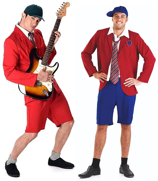 Two men wearing schoolboy uniforms, red and blue. One man has an electric guitar