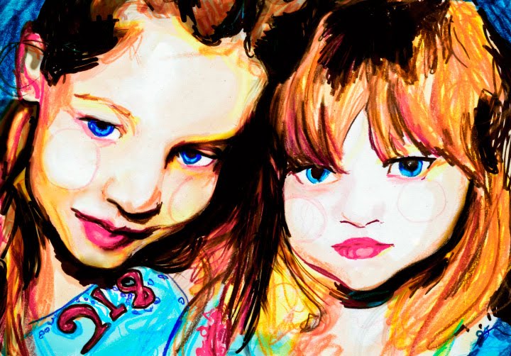 Artist Danny Roberts Drawing of Sophie Ward and Gemma Ward sisters as little kids age 5 and 7