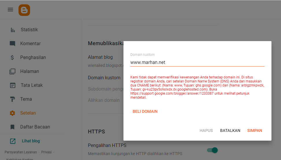 Kami tidak dapat memverifikasi kewenangan Anda terhadap domain ini