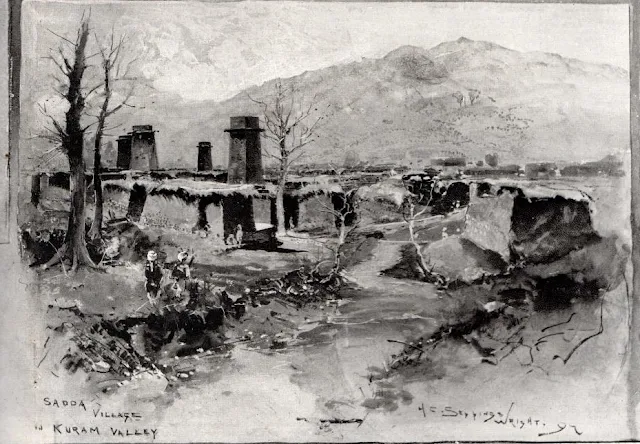 A sketch or drawing portraying Sadda village of Kurram published in London Illustrated News
