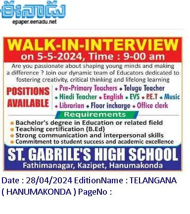 Hanumakonda St. Gabriel's High School Teachers, Non Teaching Staff Recruitment 2024