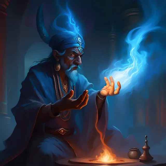 um feiticeiro indiano manipulando fogo azul em um quarto escuro