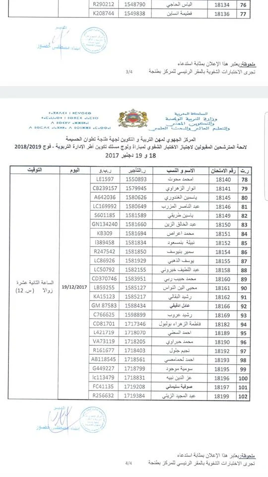 مركز طنجة لائحة المقبولين لاجتياز الشق الشفوي لمباراة مسلك الإدارة التربوية 18 و 19 دجنبر 2017