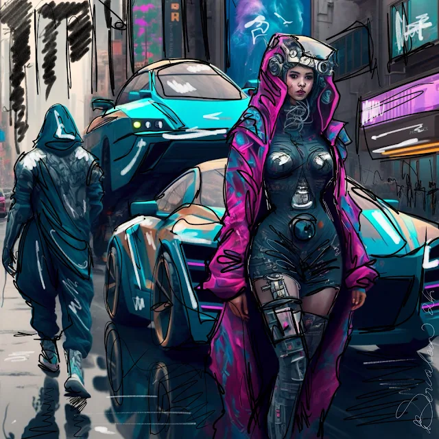 city zones dystopian female pink coat book of immersion illustarion by Sarnia de la Mare Tale Teller Club Rain
