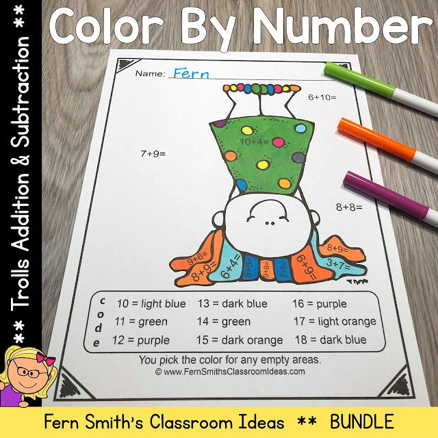 Trolls Color By Number Addition and Subtraction Resource comes with 4 student PDF worksheets and 4 PDF answer keys. You have my full permission to share this resource with your students electronically during this time of distance learning. You may also copy them and use them in a take-home worksheet packet if your school does that for students with slow to no Internet. One other option is to send it to the parents attached to an email. This way you are sending something home at the beginning of the year that is fun and high interest for your new students. #FernSmithsClassroomIdeas