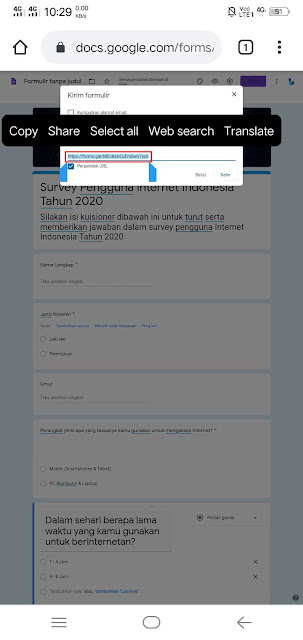 Menyalin link google form untuk dishare