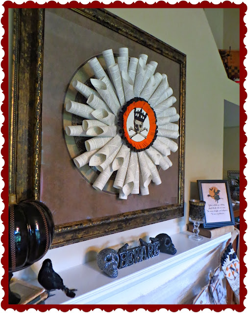 French Paper Wreath, Halloween decorations, paper crafting, skull and crossbones, skeleton