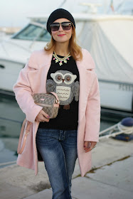 oversized pink coat, gucci pink bag, owl sweater, fashion and cookies, fashion blogger