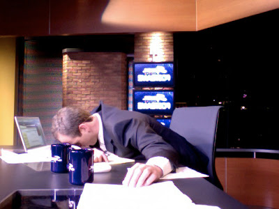 John Weisbarth asleep at the Padres Postgame desk in extra innings