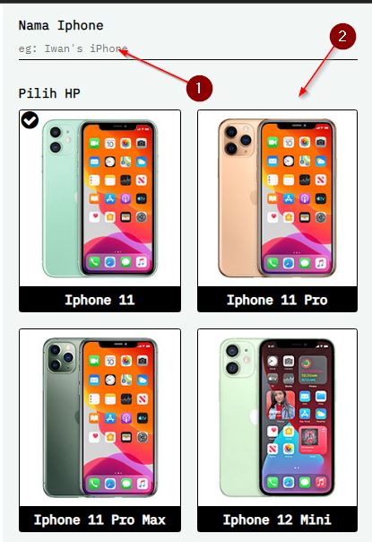 masukkan nama dan pilih jenis iphone