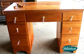 DIY BLOGGER Old outdated vintage pine desk given a bohemian makeover via Paint stain and hardware