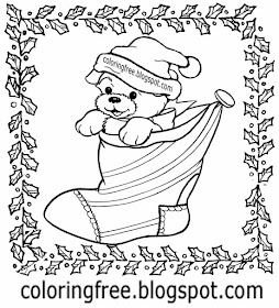 Holly leaf edge cute Christmas coloring pages puppy bog Xmas stocking Santa Claus hat drawing image