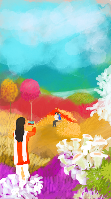 Woman photographing husband and child by colorful lakeside, with bushes in the background