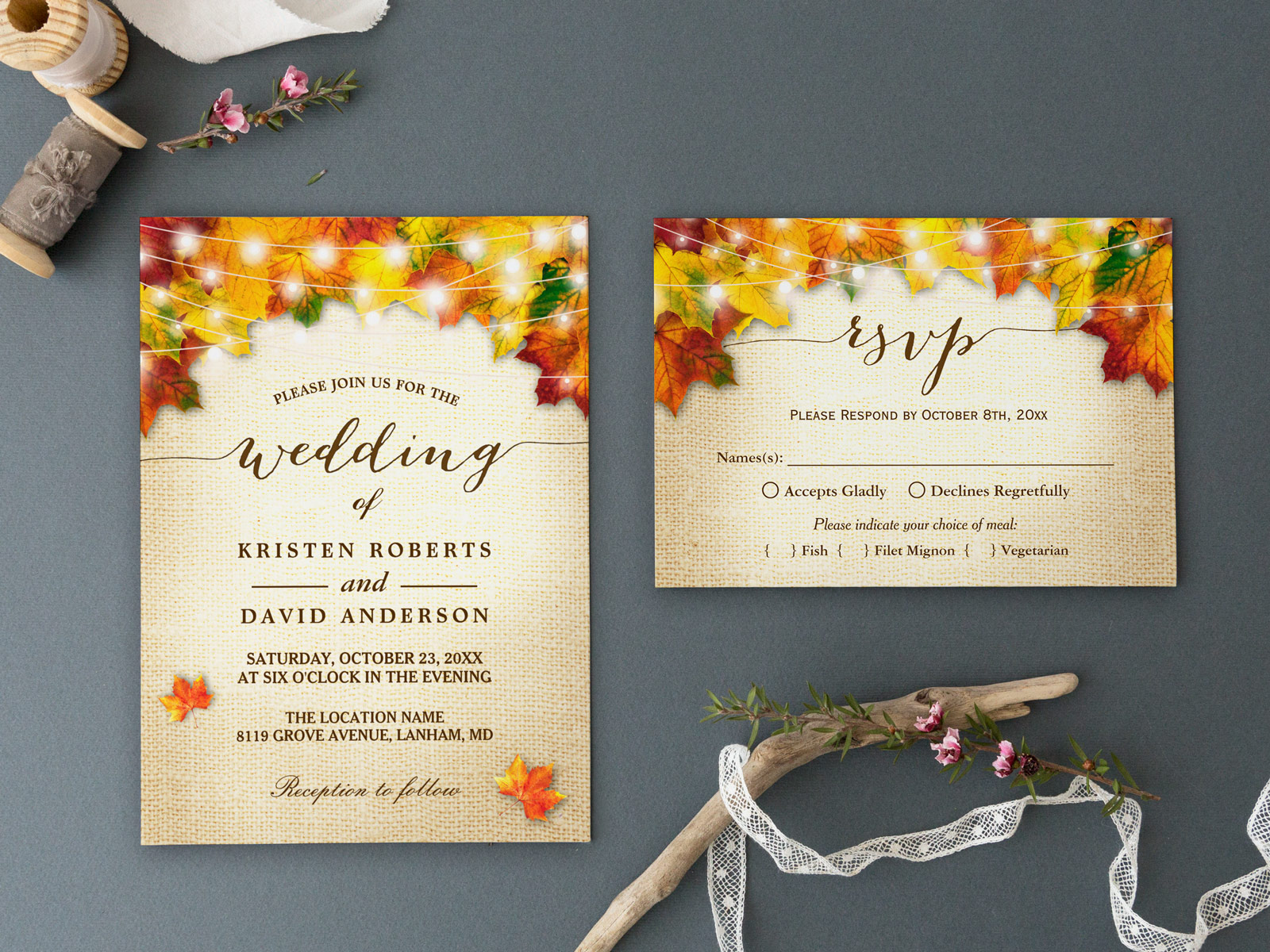 Fall Leaves String Lights Burlap Wedding Invitation Suite
