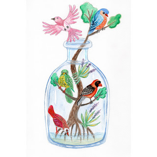 Birds in a bottle watercolor painting