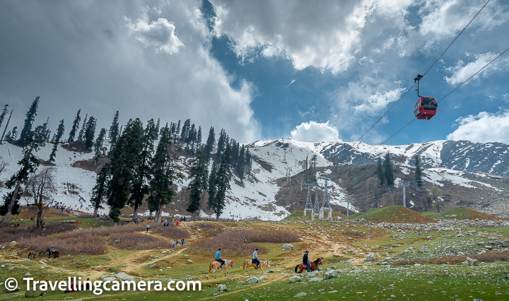 Gulmarg Gandola Ride :  Gulmarg Gandola is one of the most popular as well as most crowded place in Gulmarg. Please note that you should book tickets for Gandola online. There are 2 phases. It's usually easy to get online ticket for Phase-1 but if you also want to go to phase-2, do ticket booking in much advance. You get to see better snow in phase-2 if that's something you don't want to miss. Phase-1 also has some but not much.