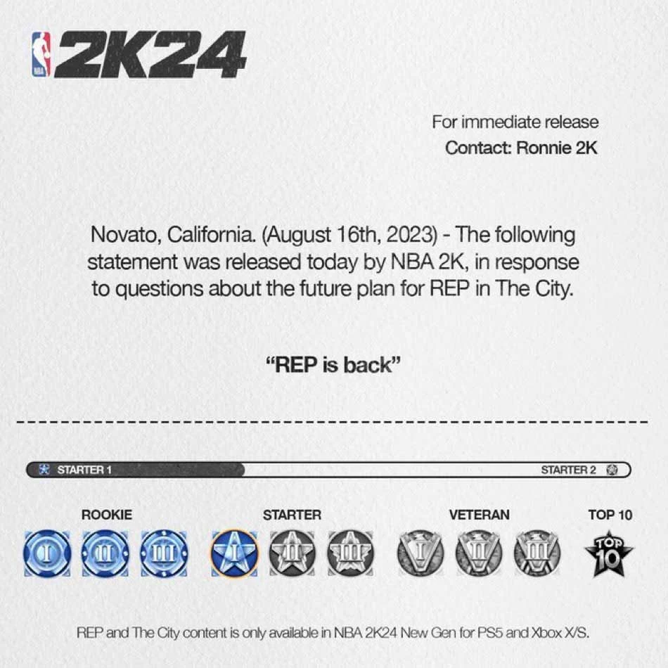 NBA 2K24 Rep System is Back: Rookie to Top 10 Rep Revealed