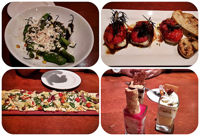 Seasons 52 Blistered Shishito Peppers Artichoke & Laura Chenel Goat Cheese Flatbread Warm Caprese Salad Raspberry Chocolate Chip Cannoli Chocolate Peanut Butter Torte Amaretto