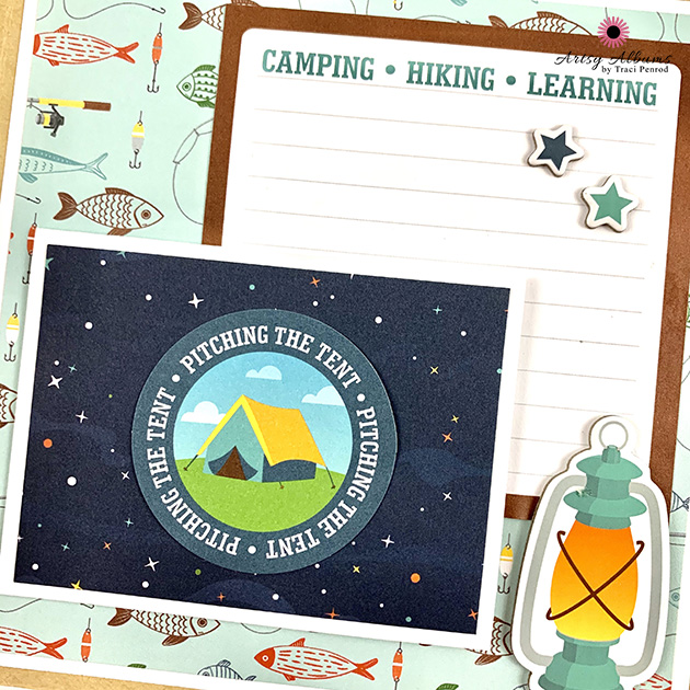 Outdoor Adventure Scrapbook Album Page with fish, fishing lures, camping tent, and lantern