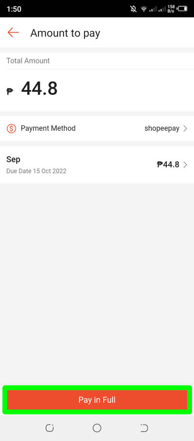 pay full amount of upcoming bill spaylater