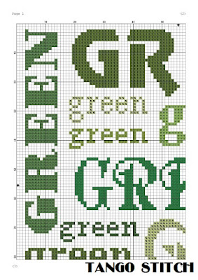Green words cloud typography cross stitch pattern - Tango Stitch