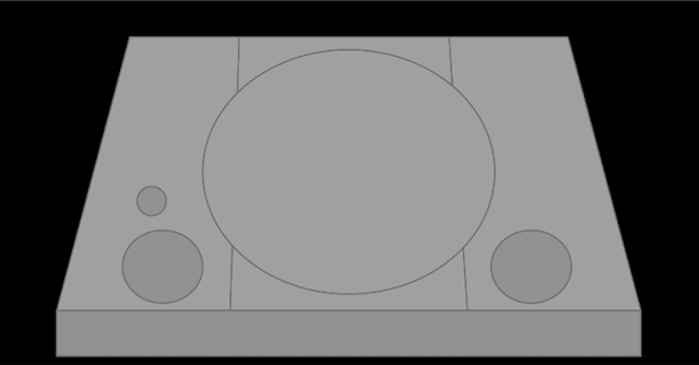 A series of shapes used to create the image of a PlayStation 1, grey on black background