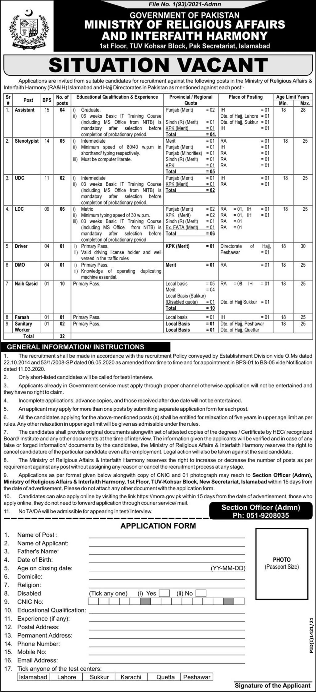 Ministry of Religious Affairs And Interfaith Harmony Government Of Pakistan Jobs 2021