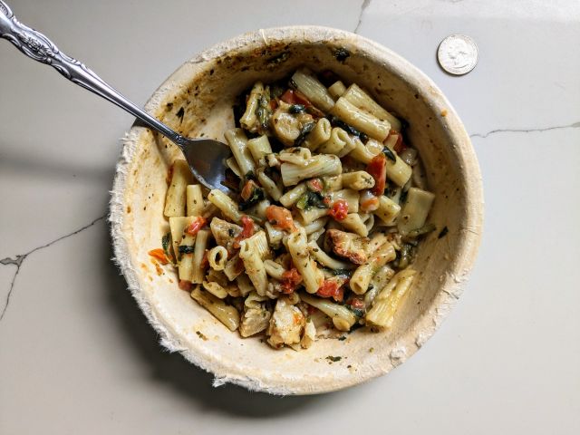 Top-down view of Marie Callender's Roasted Garlic Chicken Bowl.