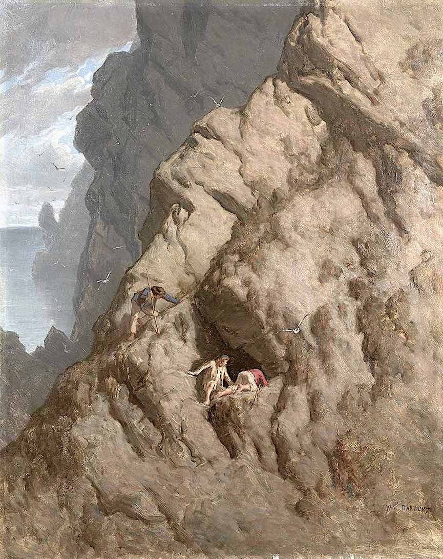 a Yan Dargent painting of three men exploring a cliffside cave