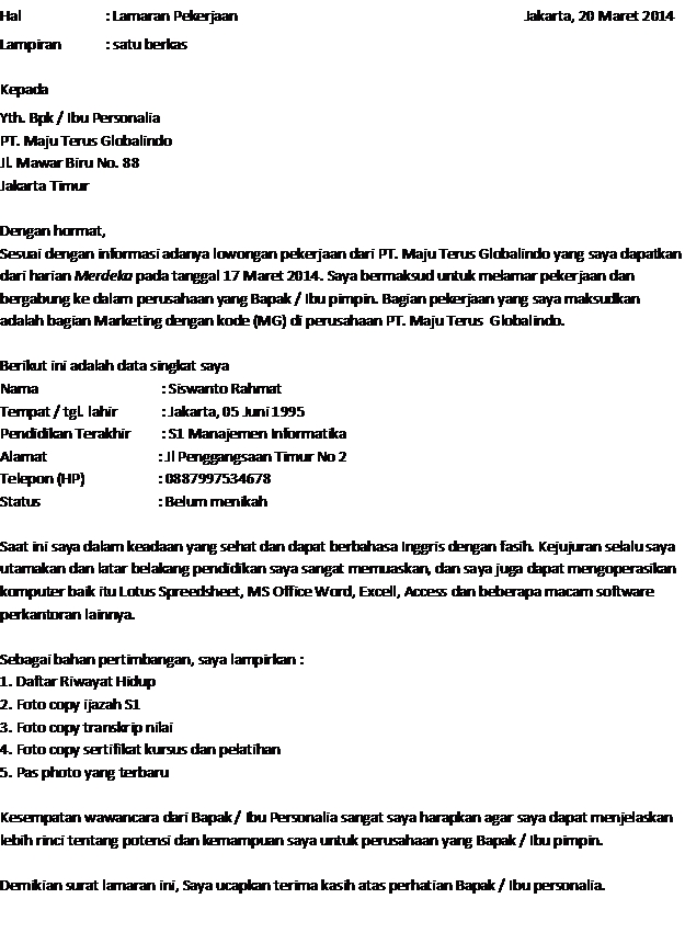 Contoh Surat Lamaran Kerja Via Email Doc - Contoh Z