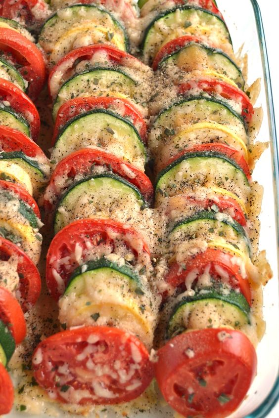  Parmesan Tomato Squash Bake is a simple recipe with layered fresh tomatoes Parmesan Tomato Zucchini Bake