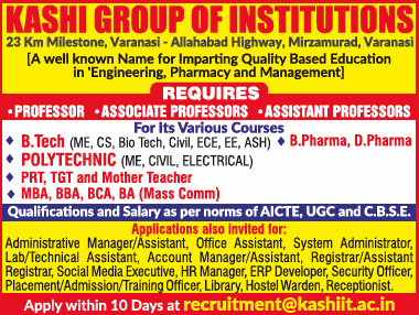 Kashi  Group Varanasi Biotech Faculty Jobs