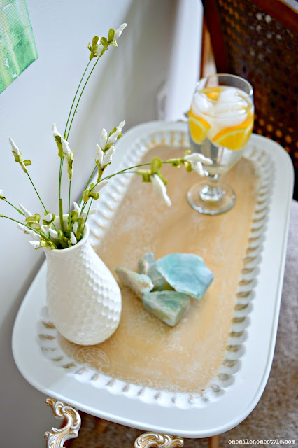 Turn a thrift store tray into an elegant white and gold accent table