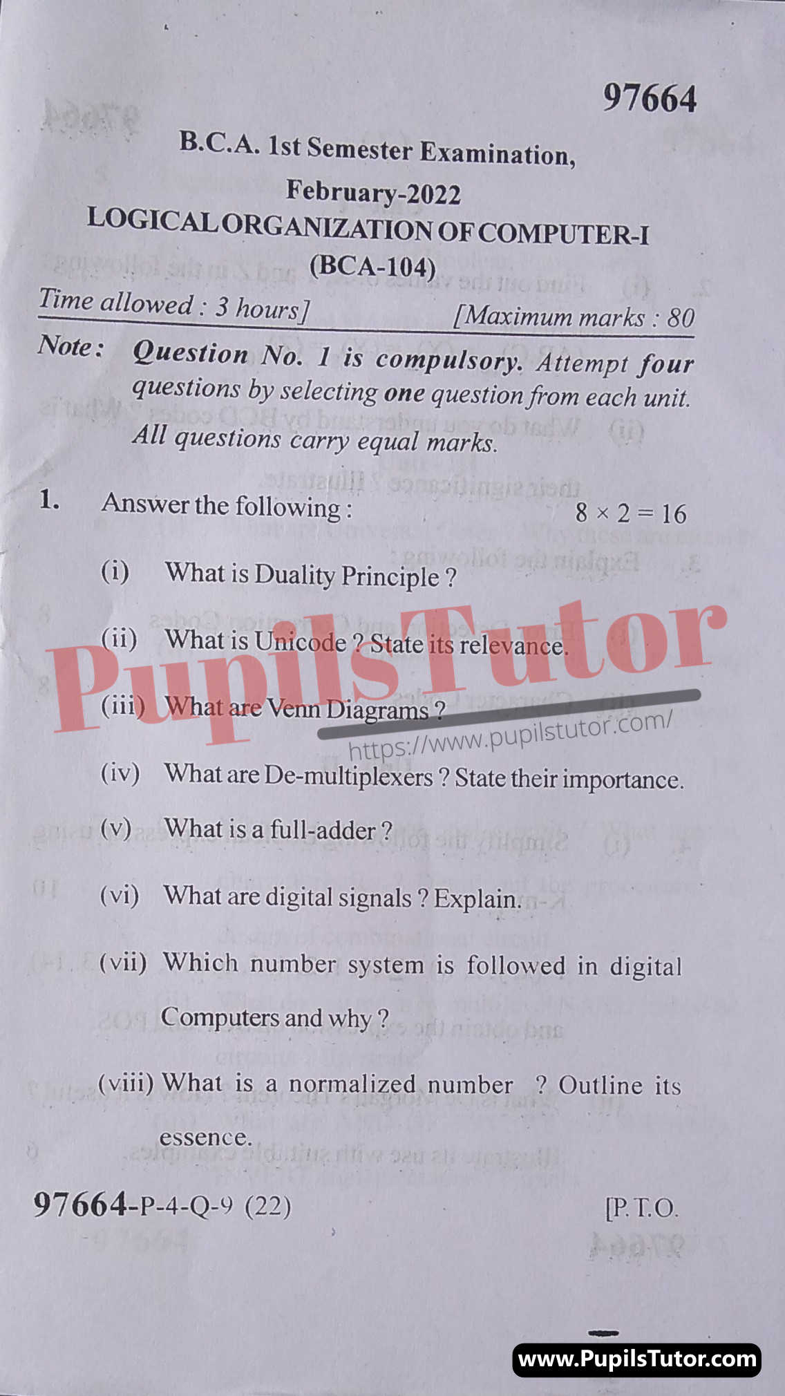 MDU (Maharshi Dayanand University, Rohtak Haryana) BCA Regular Exam First Semester Previous Year Logical Organization Of Computer Question Paper For February, 2022 Exam (Question Paper Page 1) - pupilstutor.com