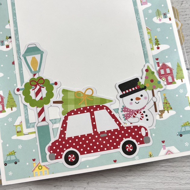 Candy Cane Lane Christmas Scrapbook Page with polka dot car and snowman