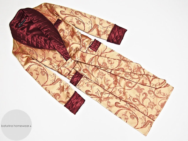 Mens burgundy paisley silk dressing gown red gold smoking jacket robe quilted