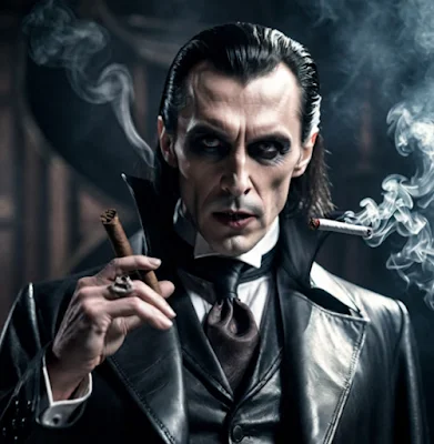 Sleazy Dracula wearing a black leather cake and smoking a cigar from the chest up