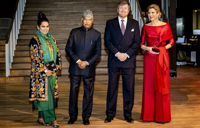 President Ram Nath Kovind and Savita Kovind. Queen Maxima wore a red outfit (Red satin top and red wide leg pants) by Natan