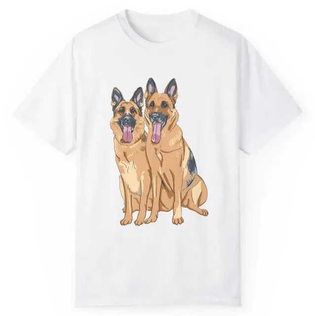 Garment Dyed T-Shirt for Men and Women with Two Giant Tan Color German Shepherds Sloppy Sitting Leaving Tongue Out