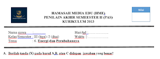 Soal PAS/ UAS Kelas 3 Tema 6 Energi dan Perubahannya K13 Revisi 2018