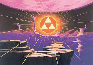 artwork of floating rocks with the Triforce as the sun