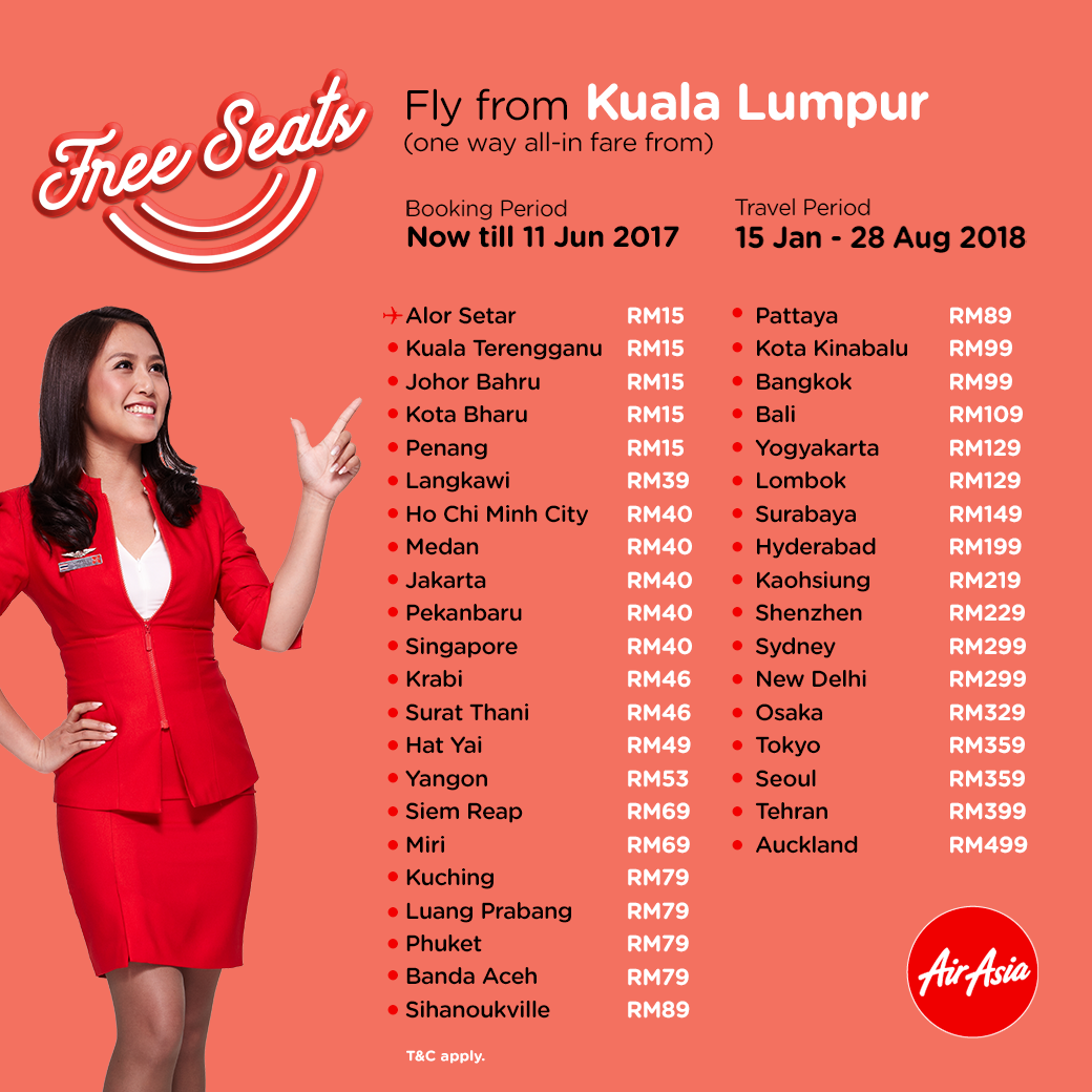 AirAsia FREE Seats Booking Until 11 June 2017 (Travel: 15