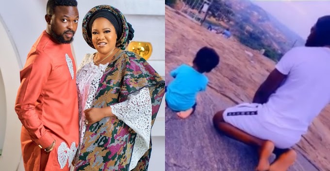 Reactions As Nollywood Actress Toyin Abraham’s husband, Kolawole Ajeyemi spotted praying with their little son on the mountain (video)