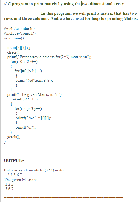 C program to print matrix by using two-dimensional array