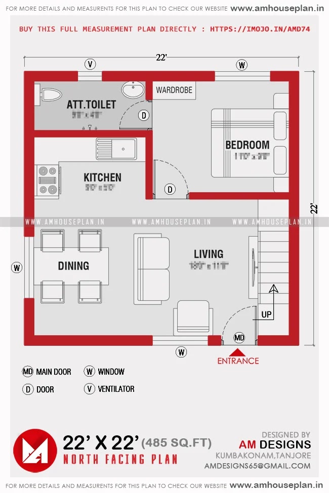 22 x 22 Under 500 Square feet small house plan PDF