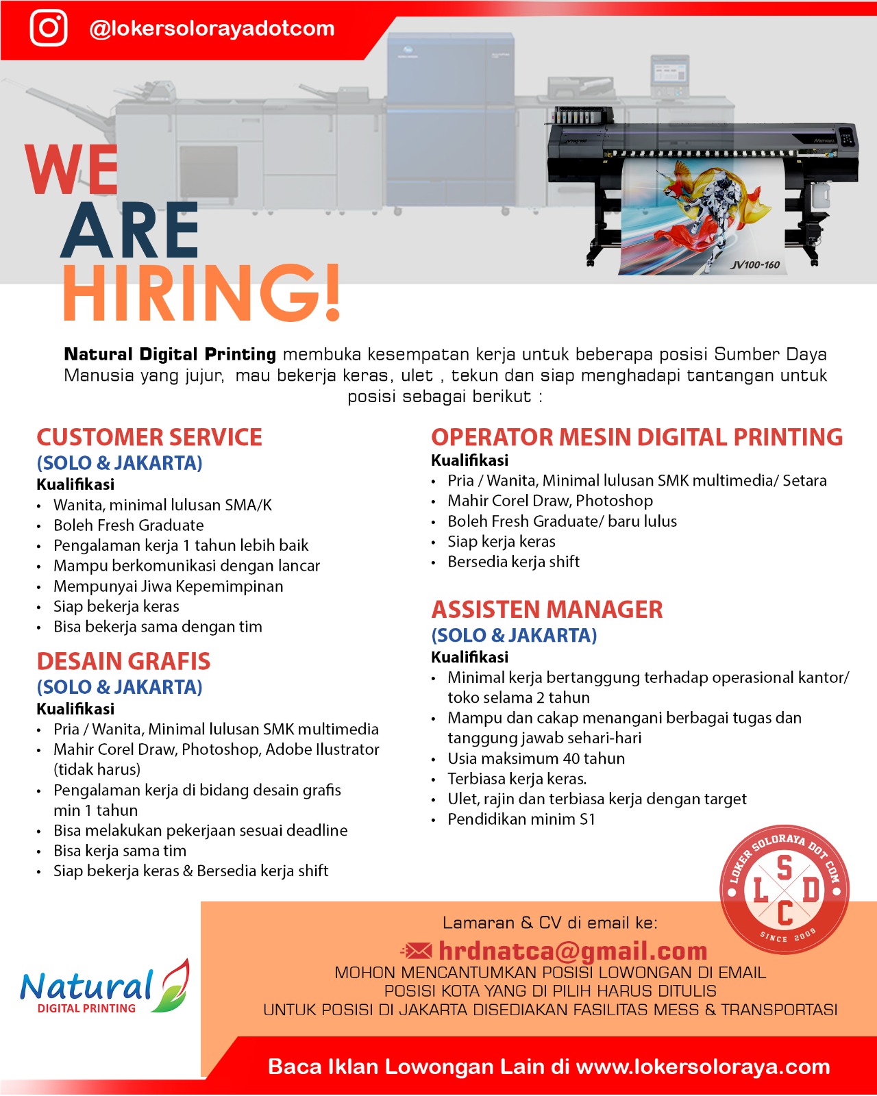 Loker Solo Operator Pabrik Plastik, Cleaning Service, dll di Natural Digital Printing