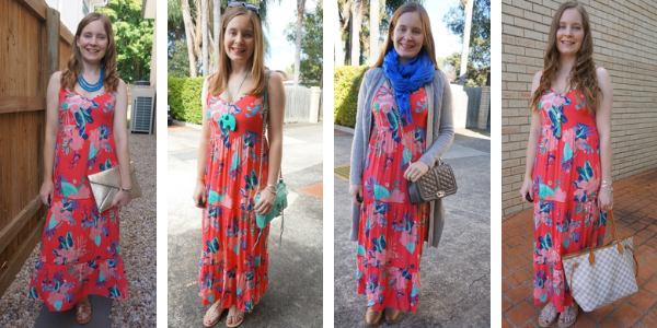 4 ways to wear floral tiered maxi dress picking colours out of the print for accessories awayfromtheblue