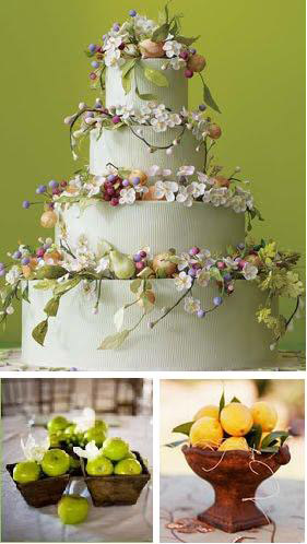 Fruit and flower adorned wedding cake from Wildflower Custom Cakes via 